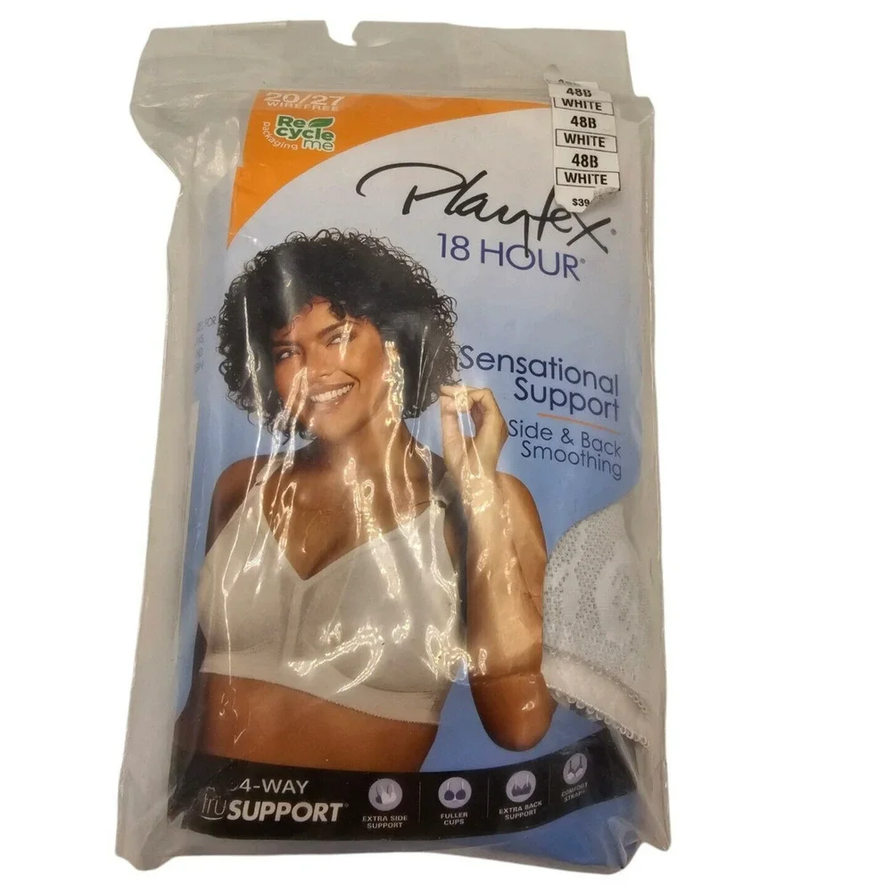 PLAYTEX 48B Bra 18 Hour 4 way Support Stretch White Side & Back Smoothing New